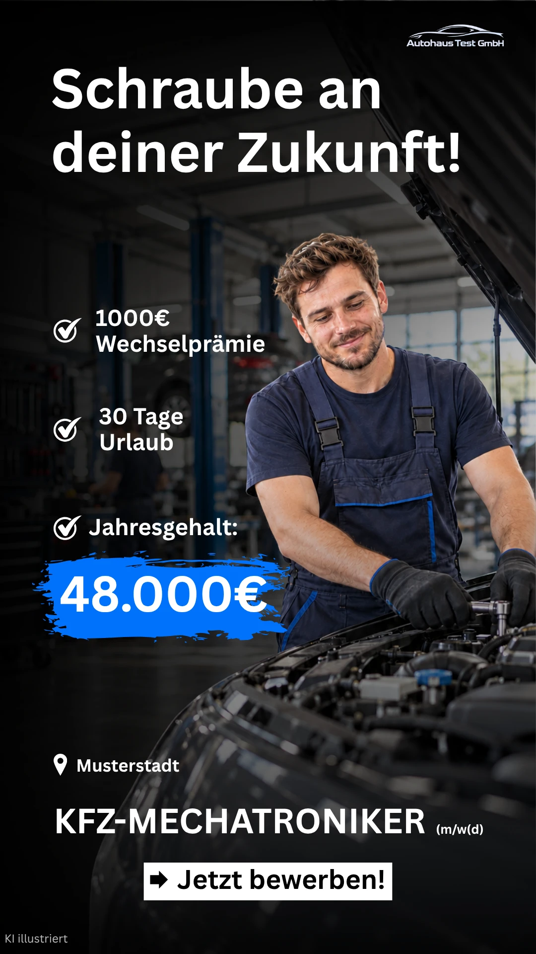 Recruiting-Anzeige: KFZ-Mechatroniker arbeitet am Motor in einer dunklen Werkstatt, Headline „Schraube an deiner Zukunft!“